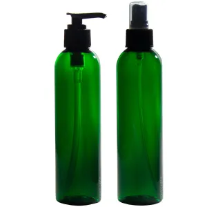 8 oz Green Slim Cosmo Plastic PET Refillable BPA Free Bottle Set (6 pack: 3 - Black Lotion Pumps 3 - Fine Mist Sprayers)   Labels