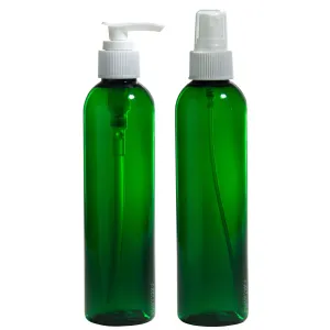 8 oz Green Slim Cosmo Plastic PET Refillable BPA Free Bottle Set (6 pack: 3 - White Lotion Pumps 3 - Fine Mist Sprayers)   Labels