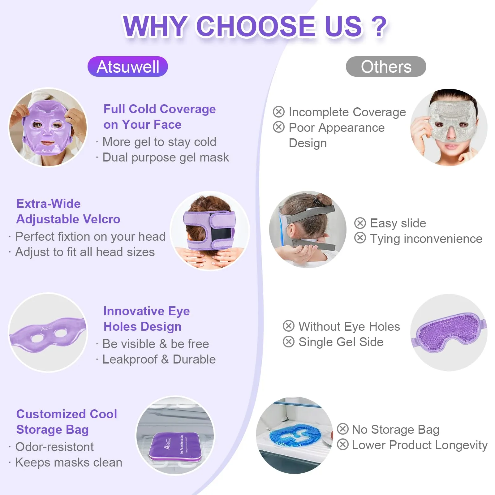 Atsuwell Cooling Ice Face Eye Mask Set for Dark Circles and Puffiness, 6 Gel Cold Packs for Face, Eyes, Toothache and Injuries Resusable, Soft Plush Lining Ice Pads Cold Compress, Cool Bag Included