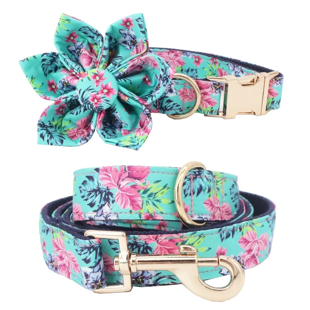 Blue Pink Floral Personalized Flower Dog Collar Leash Set