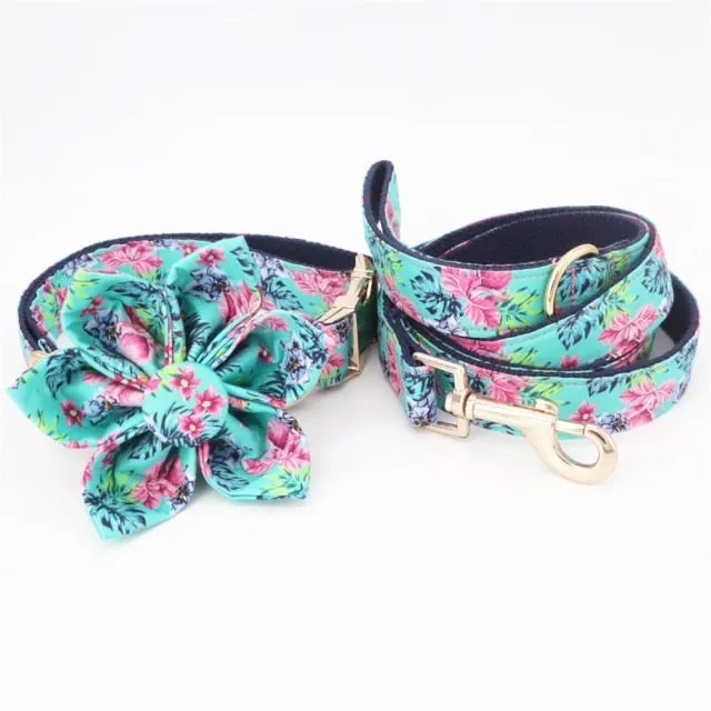 Blue Pink Floral Personalized Flower Dog Collar Leash Set