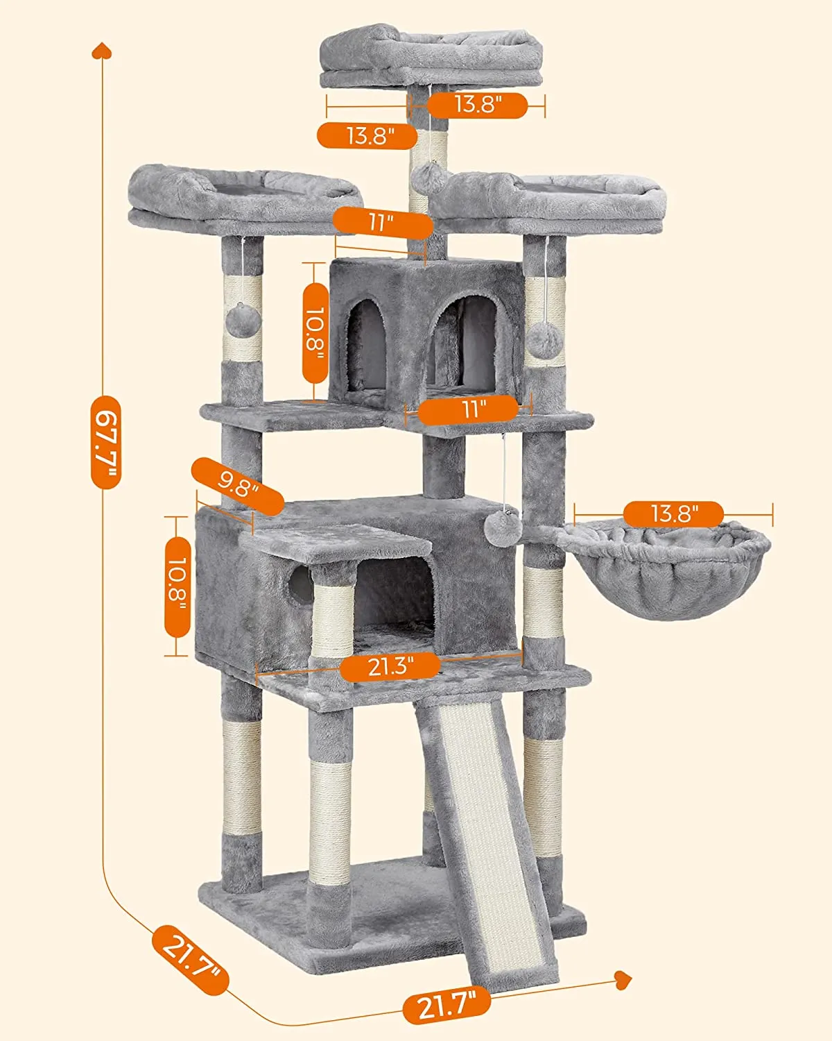 Cat Tree, Large Cat Tower, Cat Condo with Scratching Posts, 2 Caves, 3 Plush Perches, Activity Center, 67.7"