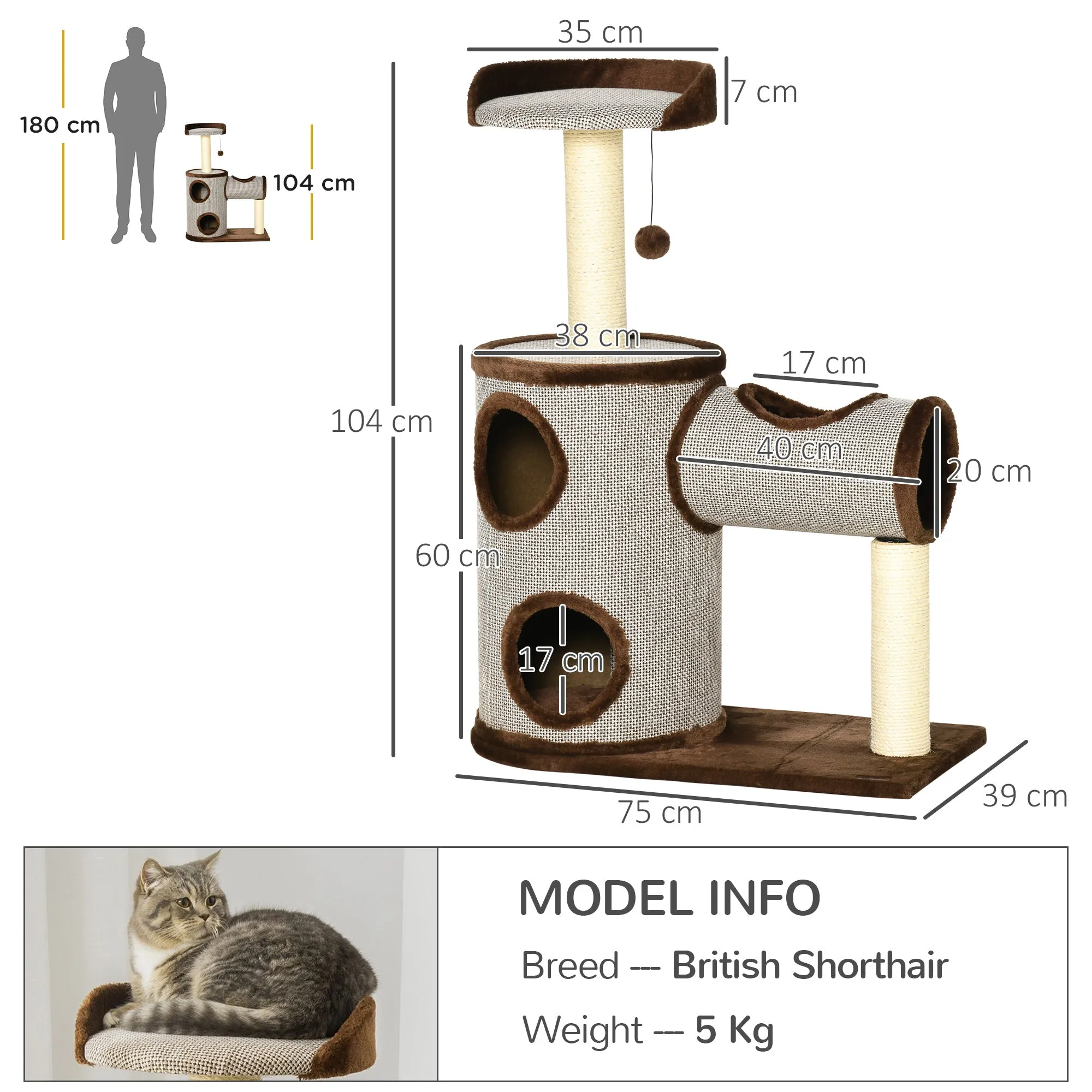 PawHut Cat Tree Tower Activity Centre w/ Cat House, Bed, Sisal Post, Hanging Toy