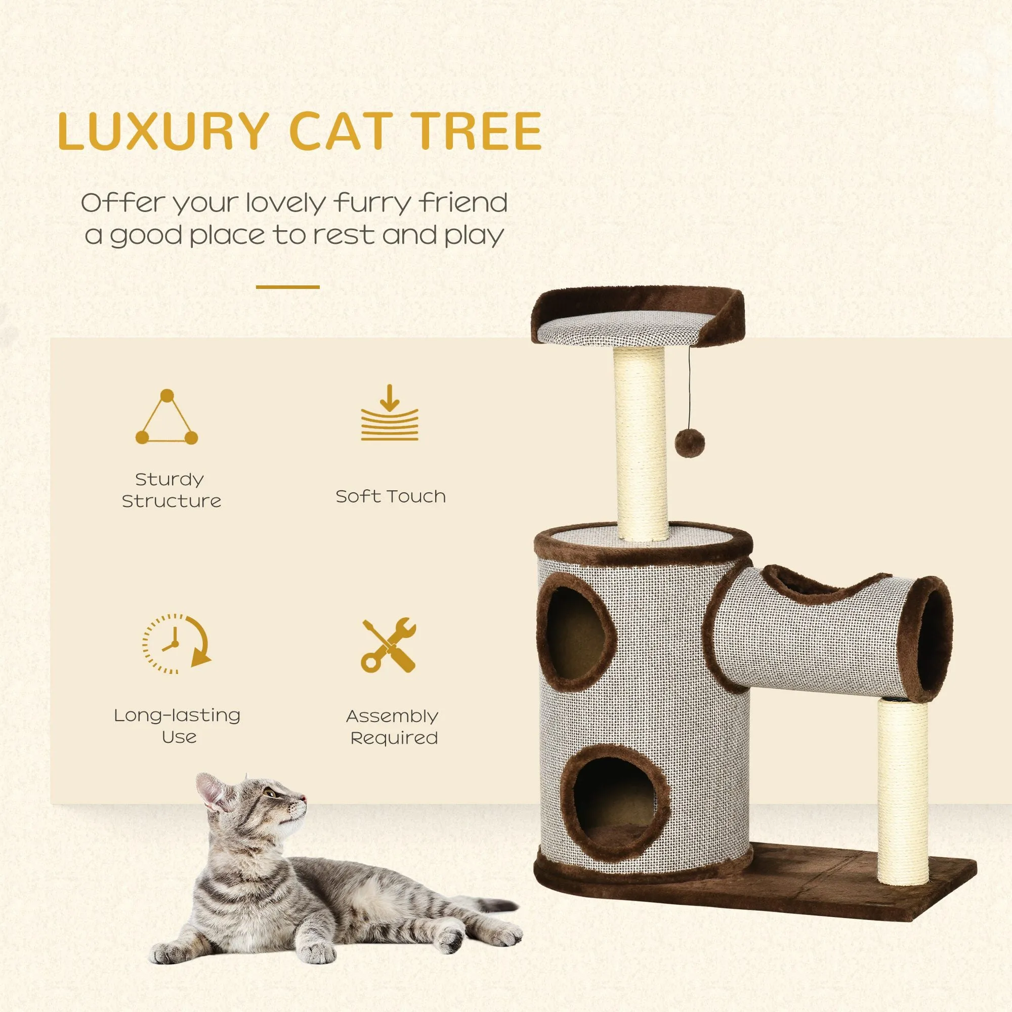 PawHut Cat Tree Tower Activity Centre w/ Cat House, Bed, Sisal Post, Hanging Toy