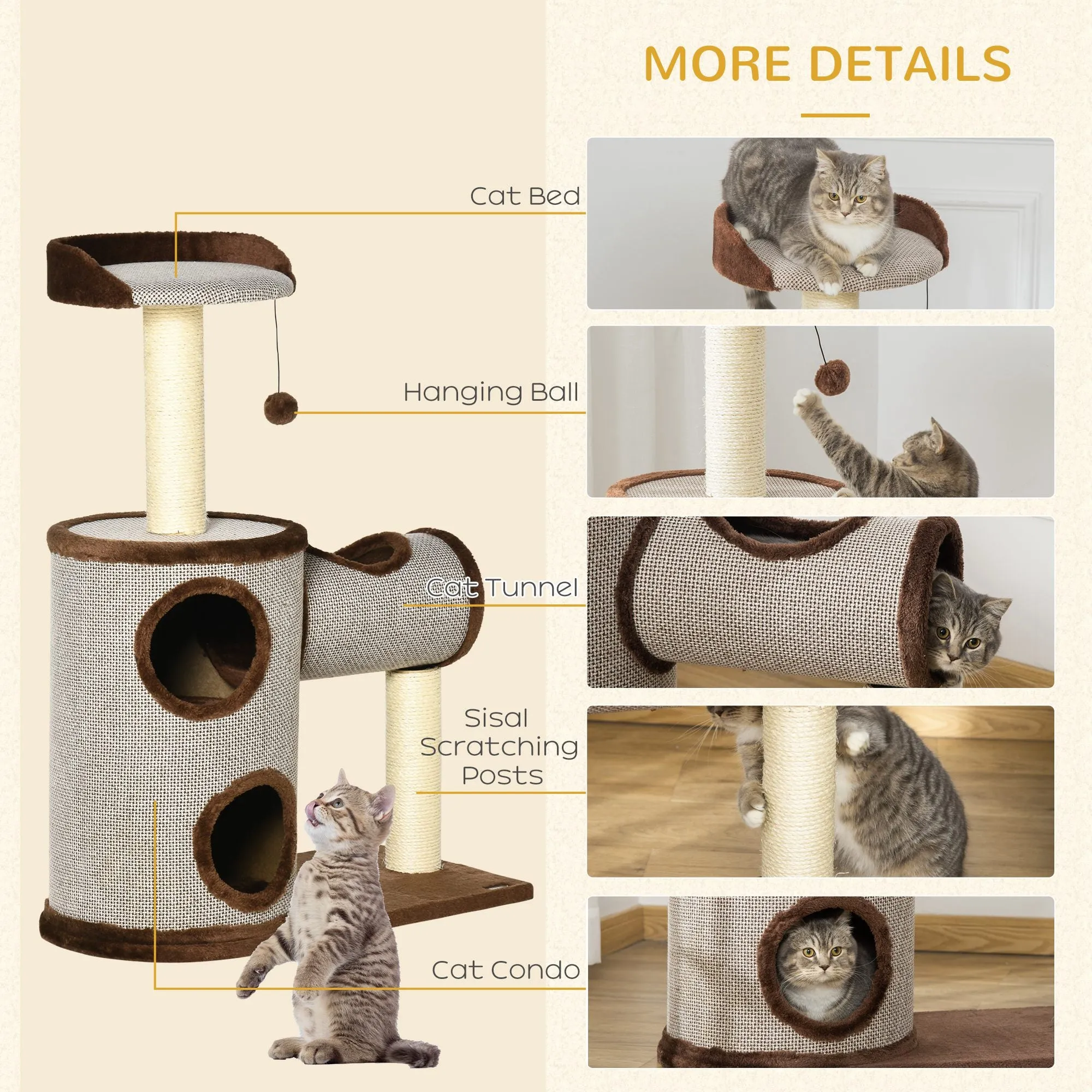 PawHut Cat Tree Tower Activity Centre w/ Cat House, Bed, Sisal Post, Hanging Toy