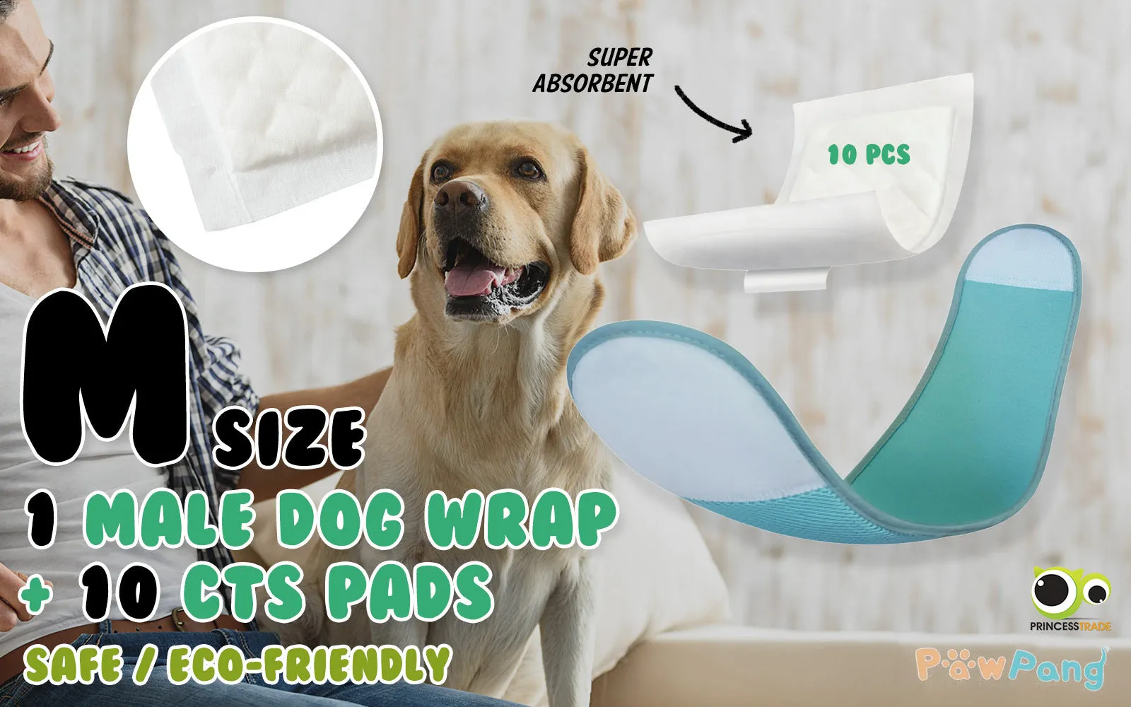 PawPang M Dog Wrap Reusable Male   10 Ct M Diaper Booster Pads Disposable