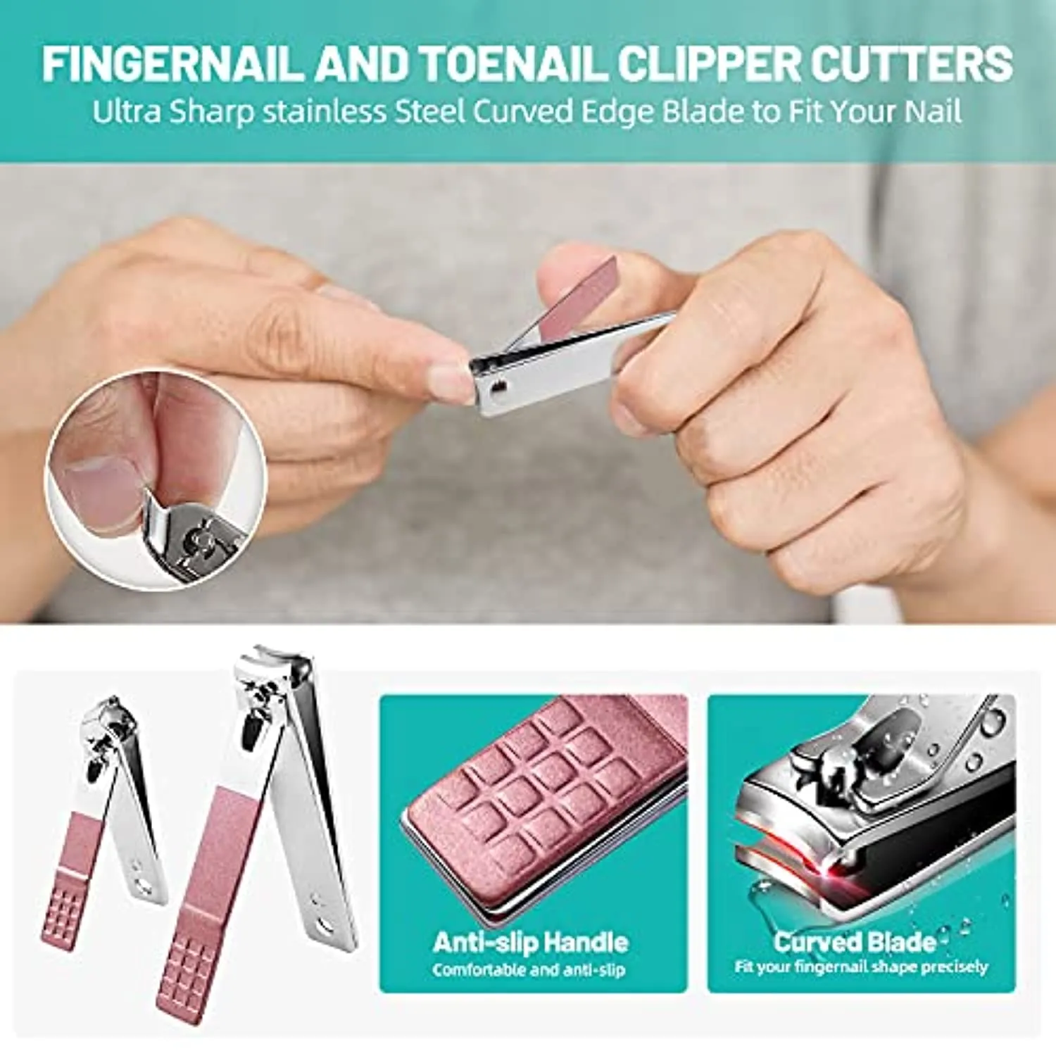 Toenail Clippers,Podiatrist Large Nail Clippers Set for Thick Nails and Ingrown Toenails Treatment tools, Stainless Steel Sharp Curved Blade Grooming Pedicure Tools Kit for Women, Men & Seniors (Pink)